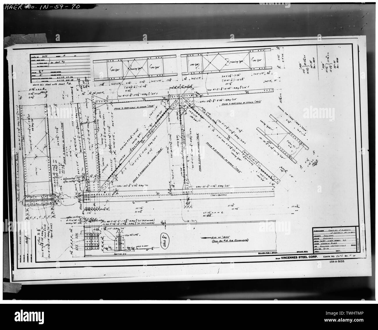 PLAN DE FABRICATION POUR L'acier de construction (fiche n°19) - Hutsonville, pont enjambant la rivière Wabash sur la State Route 154, in Graysville, Sullivan County, dans ; Milbank, R V ; Robinson et Steinman ; Pont du Wisconsin et de fer ; l'entreprise Vincennes Steel Corporation ; Glasgow, Charles J Banque D'Images