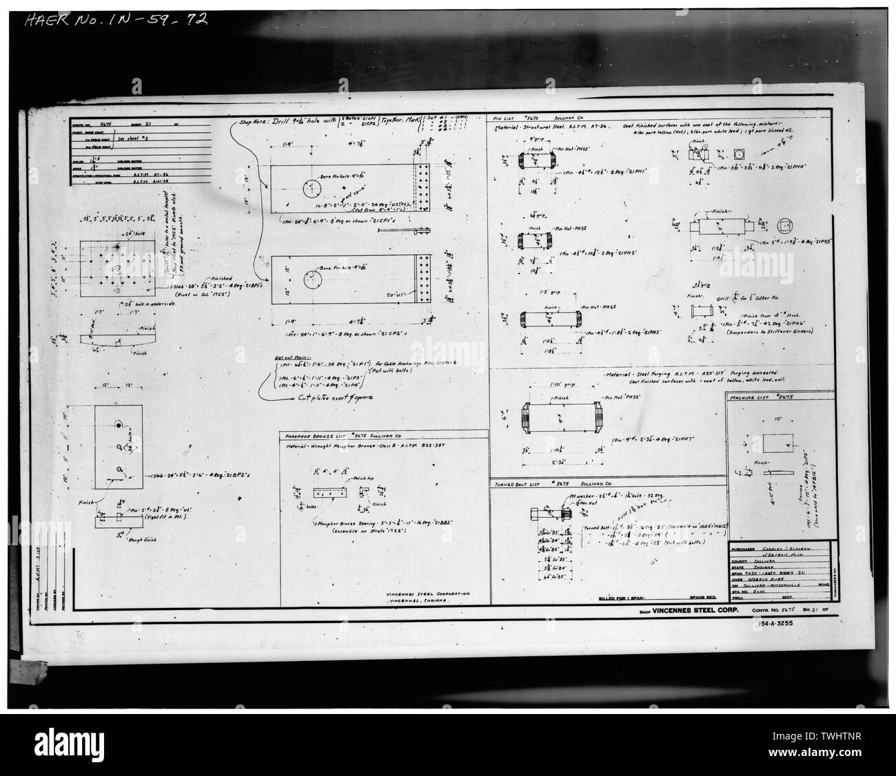 PLAN DE FABRICATION POUR L'acier de construction (fiche n°21) - Hutsonville, pont enjambant la rivière Wabash sur la State Route 154, in Graysville, Sullivan County, dans ; Milbank, R V ; Robinson et Steinman ; Pont du Wisconsin et de fer ; l'entreprise Vincennes Steel Corporation ; Glasgow, Charles J Banque D'Images