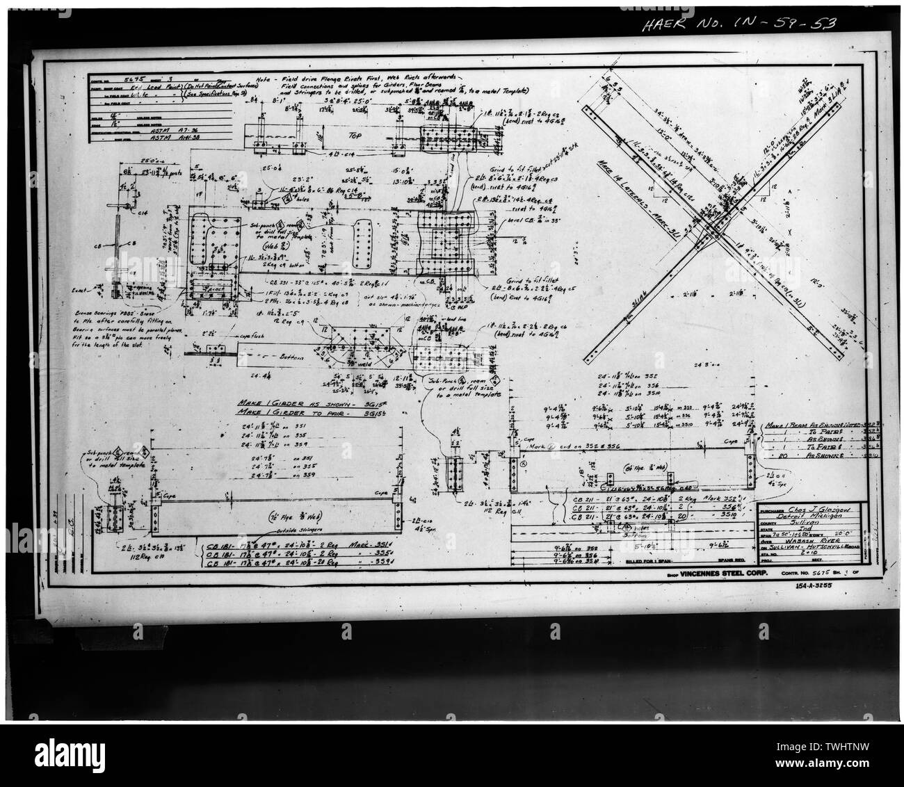 PLAN DE FABRICATION POUR L'acier de construction (fiche n° 3) - Hutsonville, pont enjambant la rivière Wabash sur la State Route 154, in Graysville, Sullivan County, dans ; Milbank, R V ; Robinson et Steinman ; Pont du Wisconsin et de fer ; l'entreprise Vincennes Steel Corporation ; Glasgow, Charles J Banque D'Images