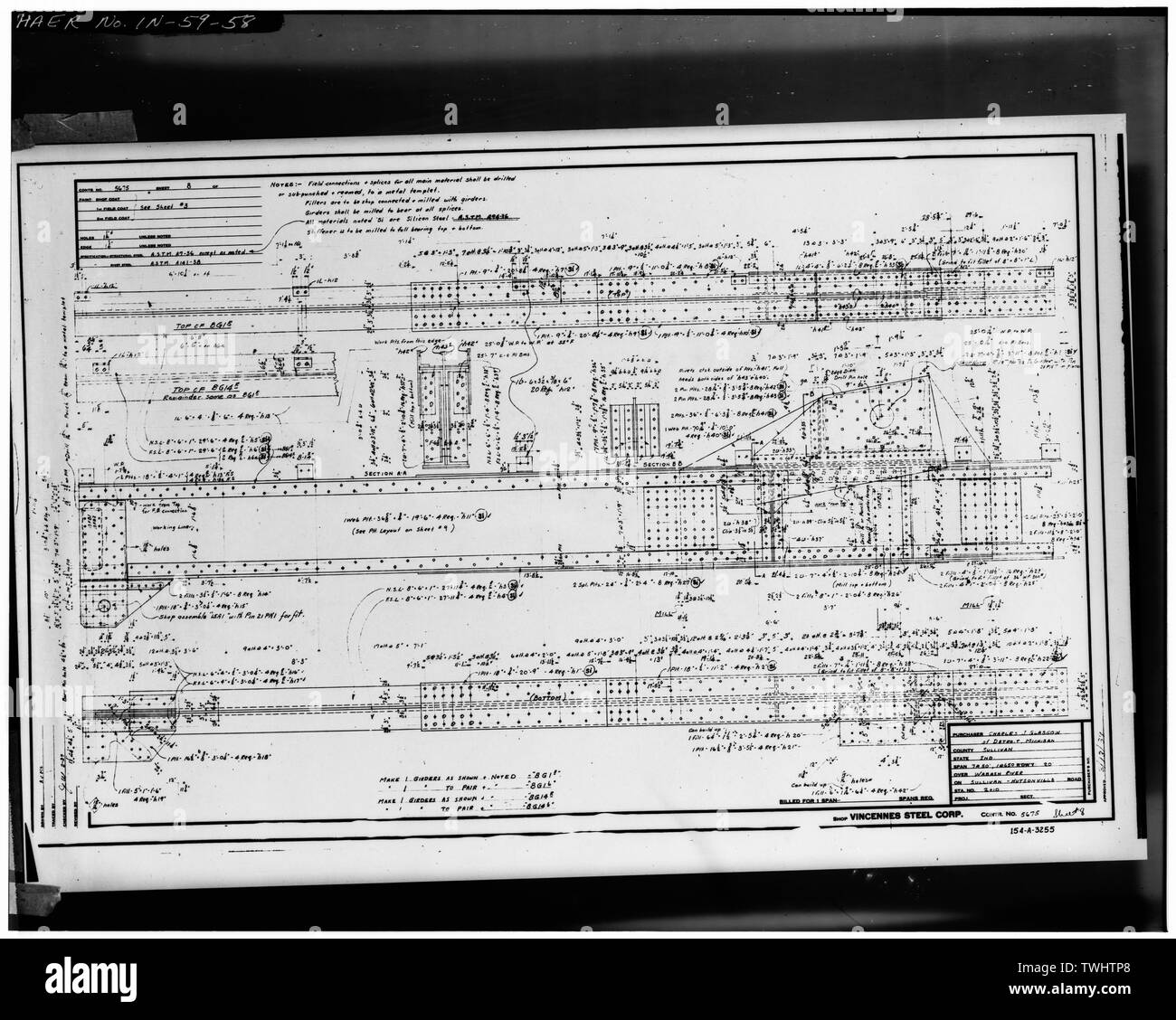 PLAN DE FABRICATION POUR L'acier de construction (fiche n° 8) - Hutsonville, pont enjambant la rivière Wabash sur la State Route 154, in Graysville, Sullivan County, dans ; Milbank, R V ; Robinson et Steinman ; Pont du Wisconsin et de fer ; l'entreprise Vincennes Steel Corporation ; Glasgow, Charles J Banque D'Images