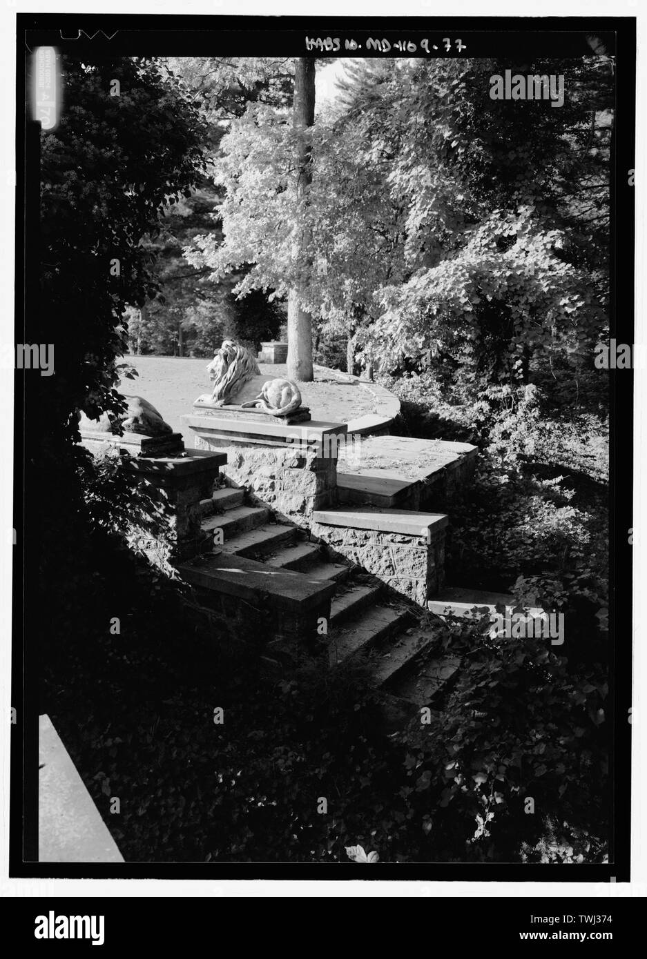 Sculpture, vue générale à la recherche au lions assis, probablement à partir de l'American Bungalow - Parc National Seminary, borné par Capitol Beltway (I-495), Linden Lane, poêle à bois Avenue, et Smith Drive, Silver Spring, dans le comté de Montgomery, MD ; U.S. Département de l'armée ; Ray, Arthur ; Cassedy, John Irving, Ament, James ; E ; Davis, Roy Tasco ; Holman, Emily Elizabeth ; Schneider, Thomas Franklin ; Rosenthal, James, l'équipe de terrain ; Prix, Virginie B, émetteur ; Ott, Cynthia, historien ; Boucher, Jack E, photographe ; Lavoie, Catherine C, gérant de projet, prix, Virginie B, émetteur ; Prix, Virginie B, tra Banque D'Images
