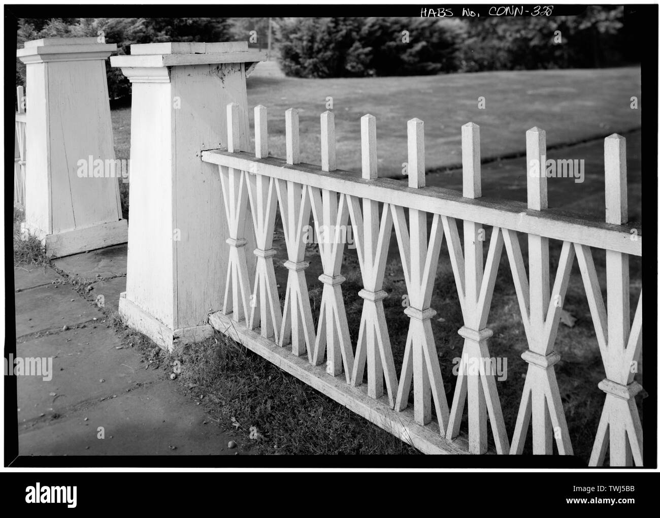 Septembre 1966 Détail/CLÔTURE EN BOIS - Gurdon Perry House, 780 Harbour Road, Southport, comté de Fairfield, CT Banque D'Images