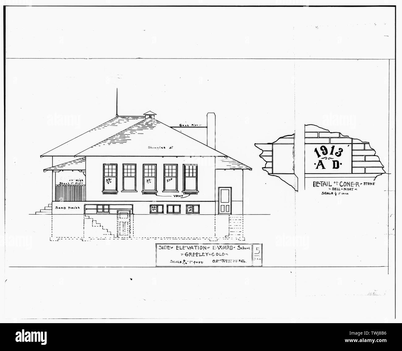 Élévation latérale - Écoles Lincoln (Structure numéro 2), la 11e Rue et 4e Avenue, Greeley, Weld County, CO Banque D'Images
