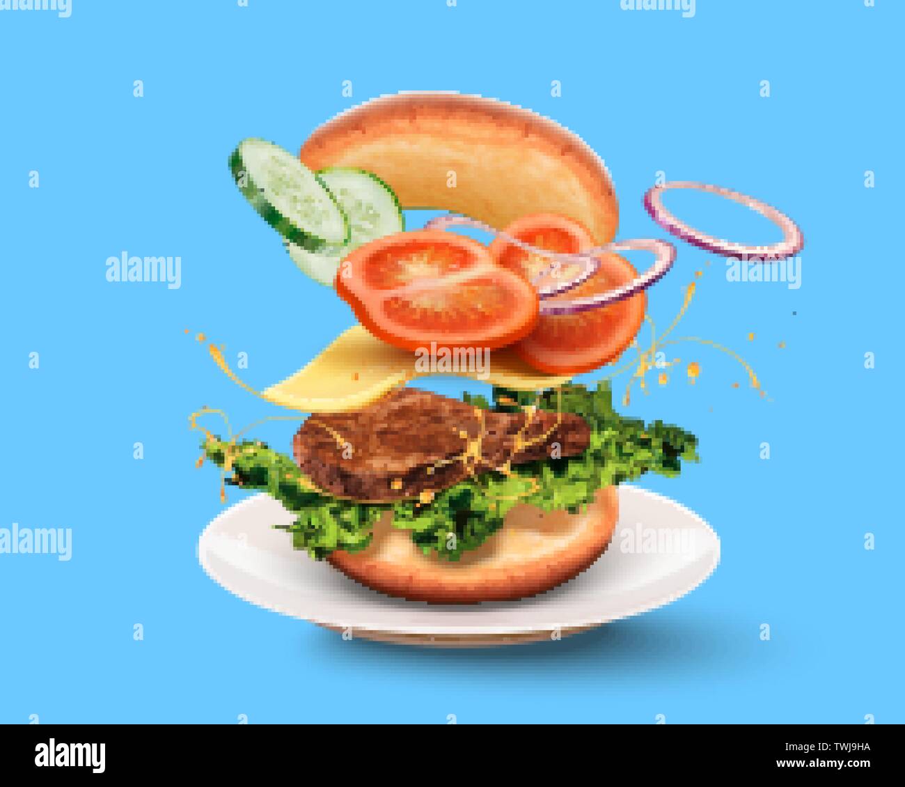Délicieux hamburger avec ingyellowients voler dans les airs sur fond bleu en 3d illustration Illustration de Vecteur