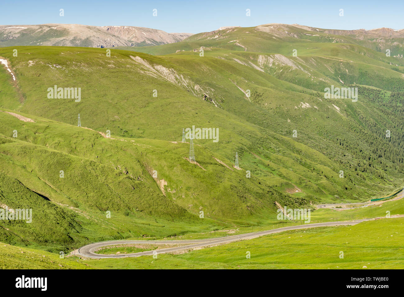 Les prairies alpines le long de la G217 Duku sous l'autoroute l'été, ciel bleu et nuages blancs dans le Xinjiang, Chine Banque D'Images