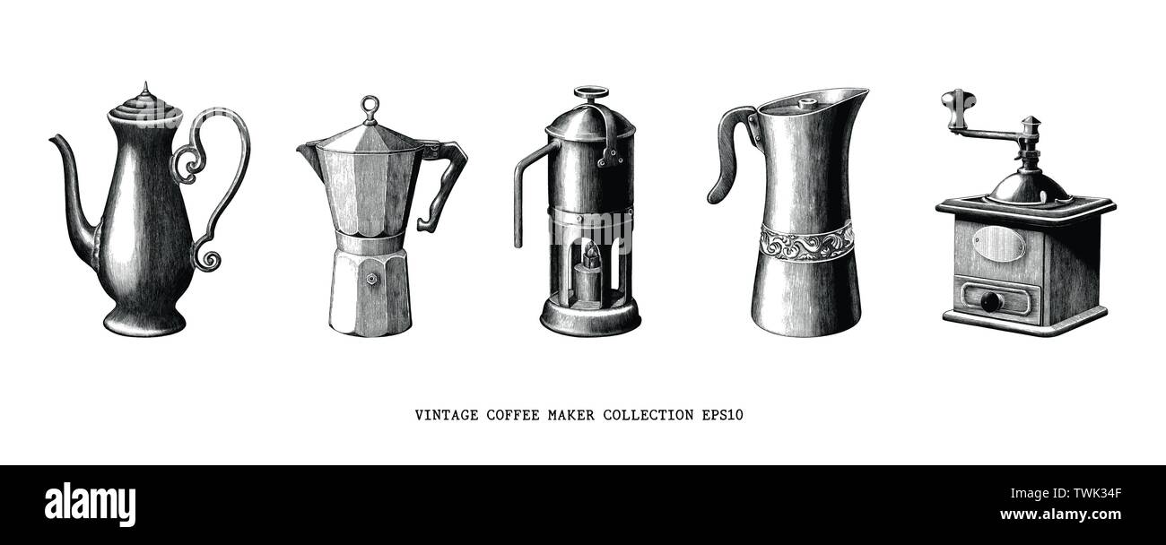 Vintage Collection café noir et blanc tirage main clip art isolé sur fond blanc Illustration de Vecteur