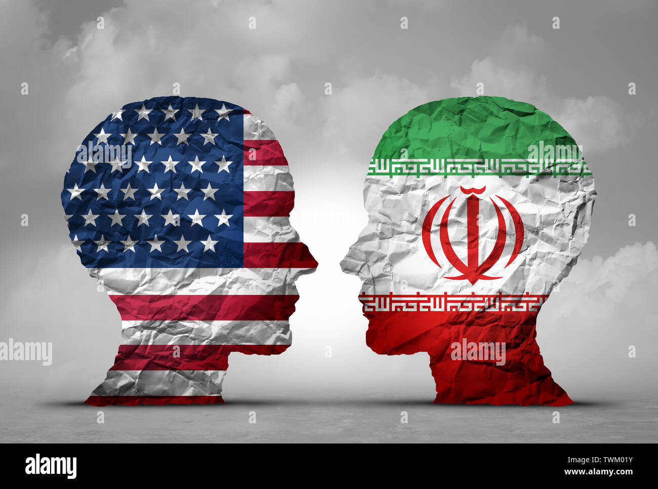 Tensions US Iran moyen-orient choc comme les USA ou l'United States crise dans le golfe Persique concept comme un problème de sécurité et de l'Iran. Banque D'Images
