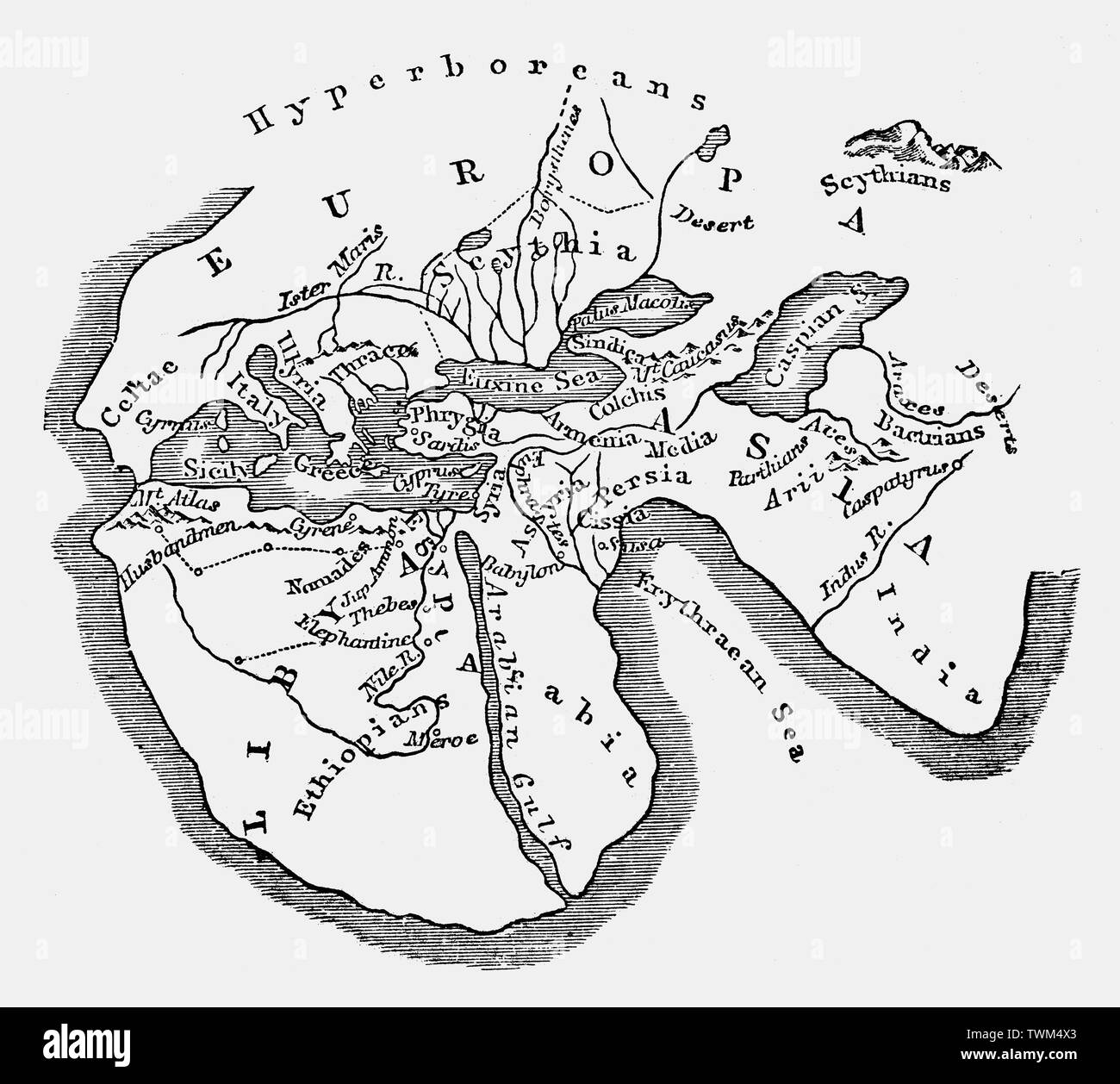 Le monde selon Hérodote, le "père de l'histoire, qui a fait des ajouts importants à la connaissance géographique de la C.-B. 440. Après avoir voyagé sur une grande partie de l'Est, écrit-il dans son quatrième livre de l'histoire, 'Je me demande alors à ceux qui ont quittés et divisé le monde en Libye, l'Asie et l'Europe, puisque la différence entre ces n'est pas petit ; pour de long s'étend le long de l'Europe par les deux, pendant que dans la portée il est clair pour moi qu'elle est au-delà de la comparaison des plus grandes... Banque D'Images