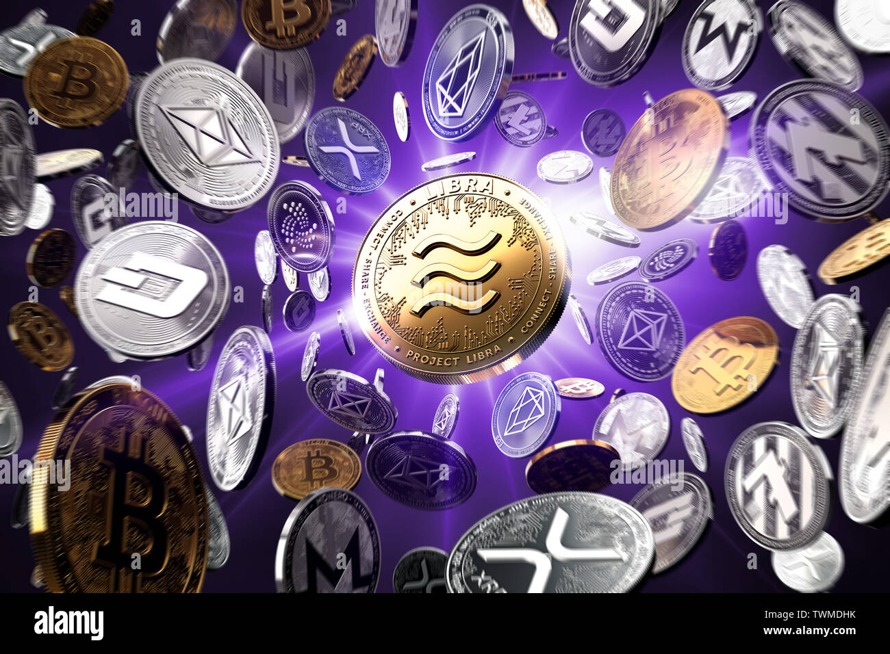 Flying altcoins avec balance concept pièce dans le centre comme étant  probablement les plus populaires nouveau cryptocurrency. Contexte -  starburst Violet 3D Rendering Photo Stock - Alamy