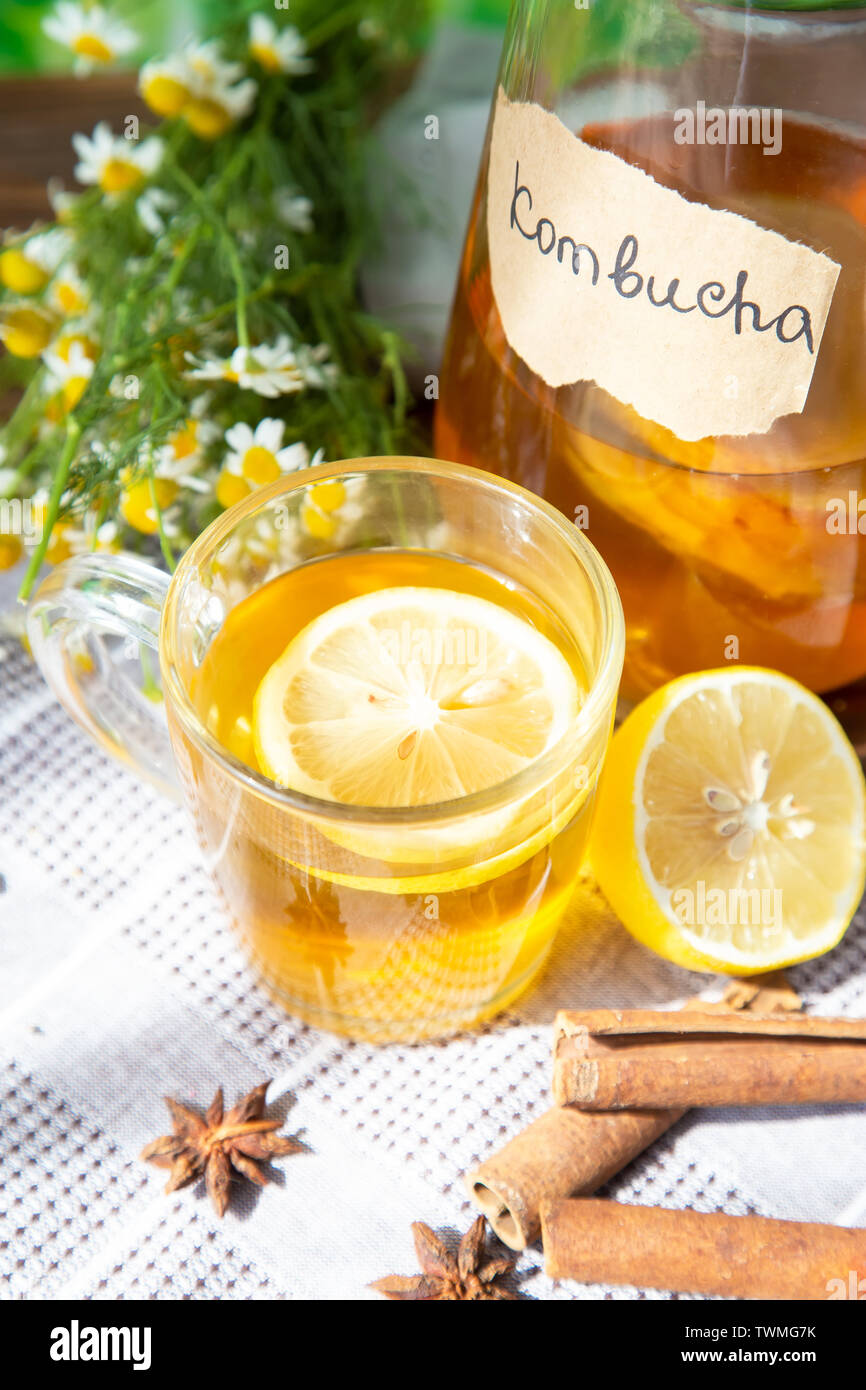 Thé kombucha sain avec le citron et la cannelle. Recette pour le Kombucha maison Banque D'Images