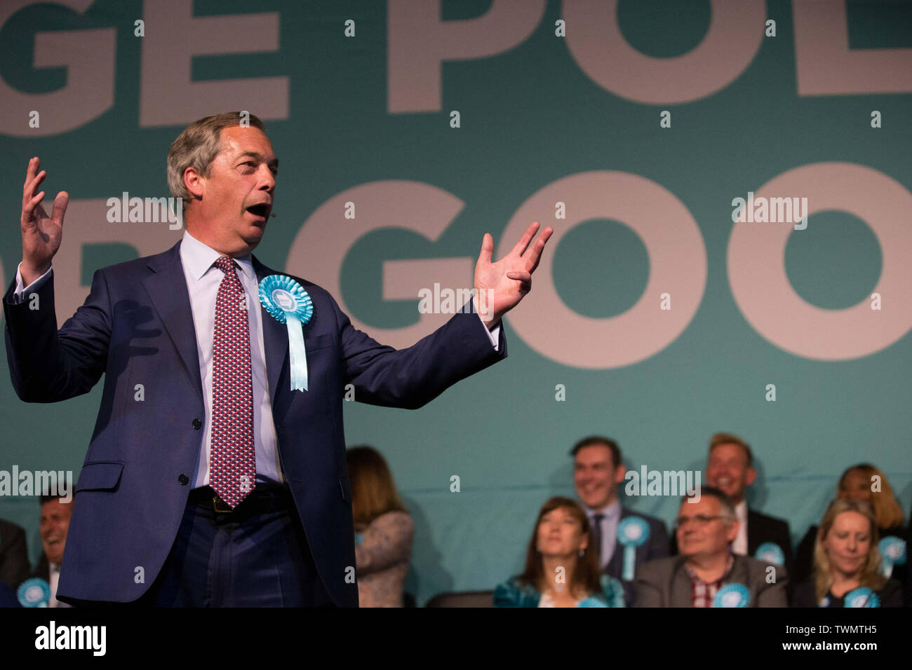 Brexit Partie rallye avec Nigel Farage et Brexit Partie candidats de partout au pays dans les élections européennes, Olympia, Londres avec : Nigel Farage Où : London, Royaume-Uni Quand : 21 mai 2019 Credit : Wheatley/WENN Banque D'Images