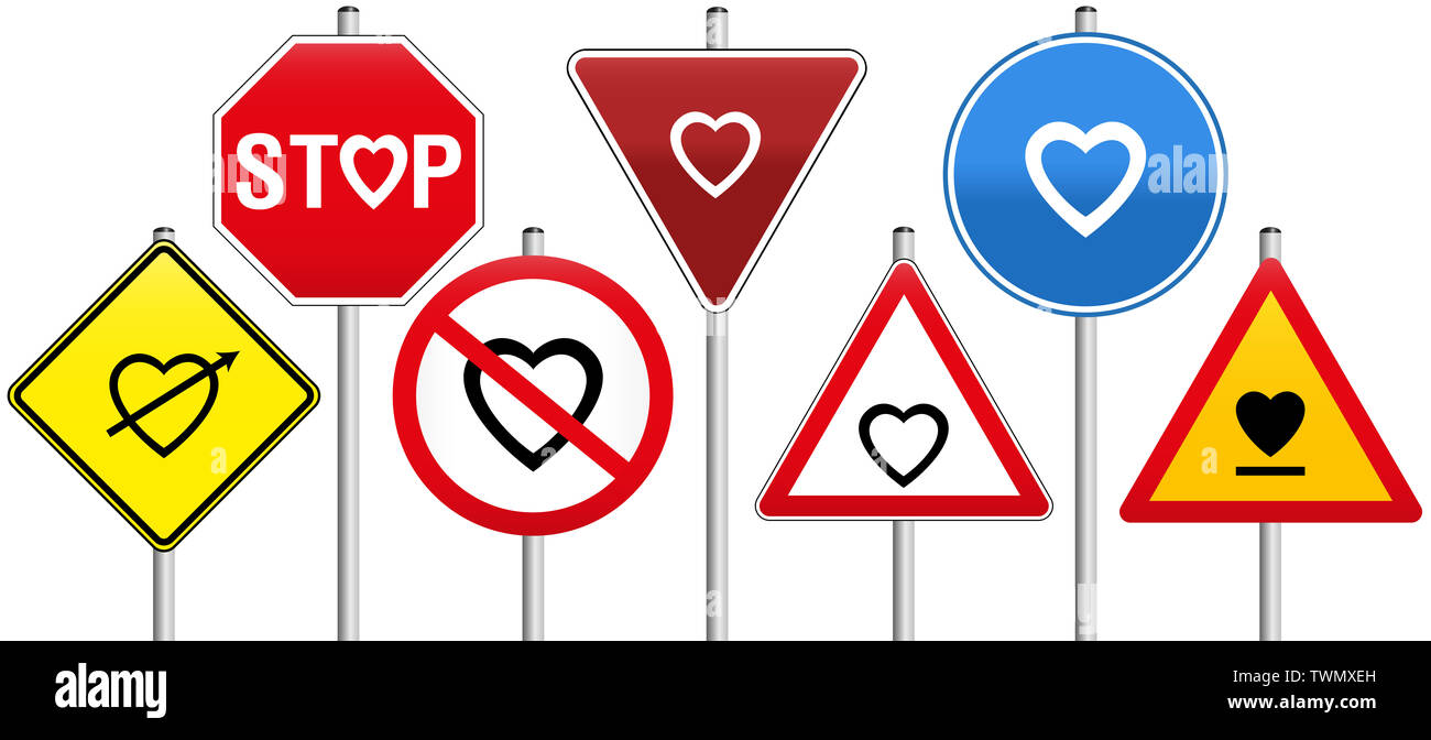 Sept panneaux de circulation avec des coeurs concernant l'amour, comme l'avertissement - stop---rendement ou l'interdiction des signes. Banque D'Images