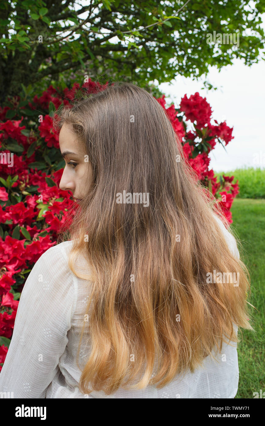 Une jeune femme et une Rhodedendron bush. Banque D'Images