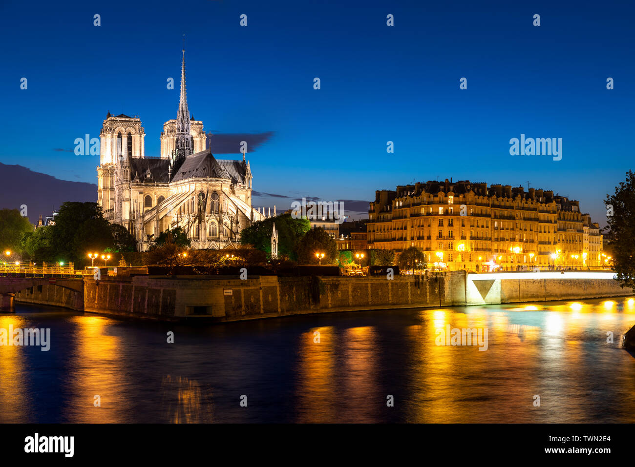 Seine et Notre Dame de Paris de nuit à Paris, France. Banque D'Images
