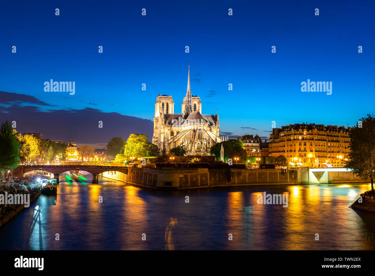 Seine et Notre Dame de Paris de nuit à Paris, France. Banque D'Images