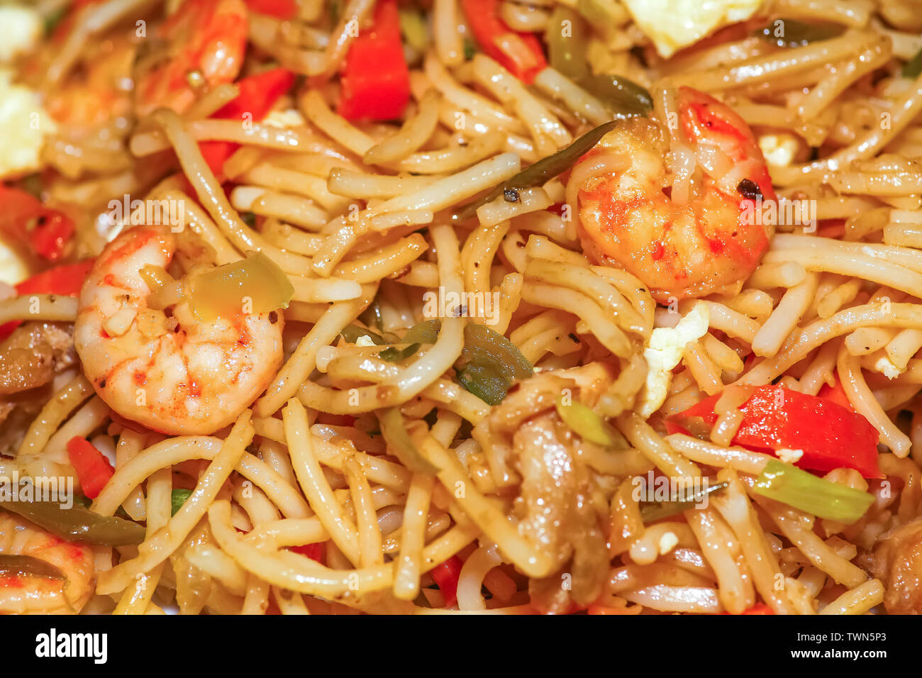 Poulet Hakka chowmein (nouilles) Repas d'œufs et de crevette en close up macro-vision. Nouilles avec légumes mixtes chowmein est un populaire de la cuisine chinoise Banque D'Images