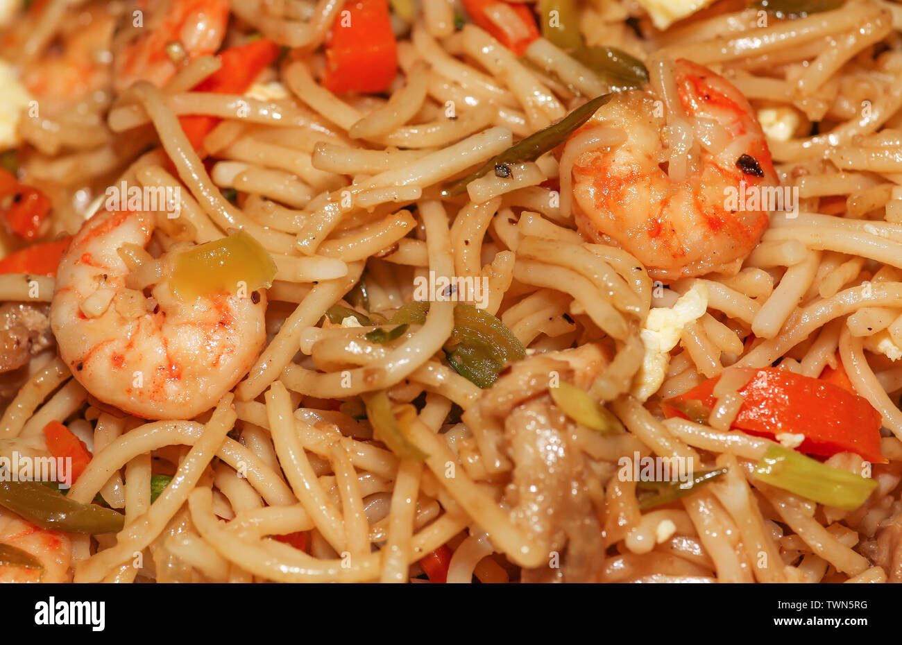 Poulet Hakka chowmein (nouilles) Repas d'œufs et de crevette en close up macro-vision. Nouilles avec légumes mixtes chowmein est un populaire de la cuisine chinoise Banque D'Images
