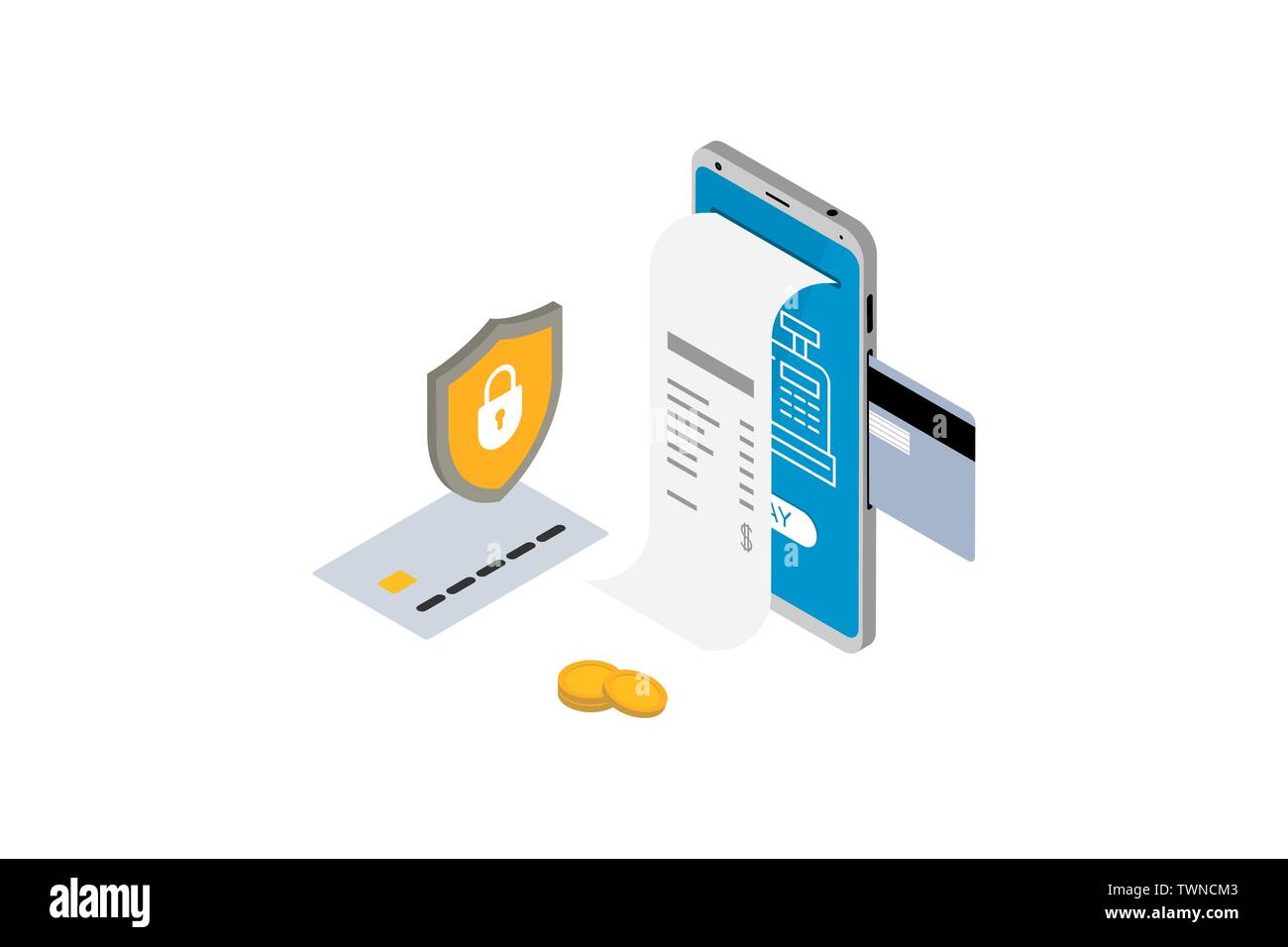 Opération de paiement en ligne isométrique avec réception concept. Facture électronique facture numérique pour l'internet mobile banking. Smartphone avec carte de crédit Illustration de Vecteur