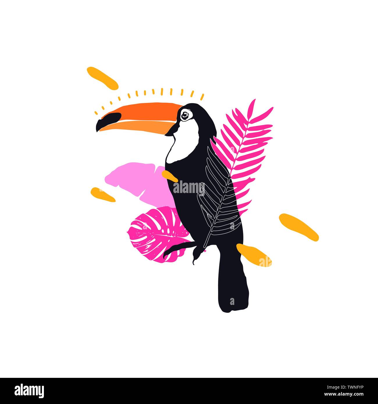 Vector illustration - Toucan, oiseaux exotiques, fleurs tropicales, feuilles de palmier, les oiseaux du paradis Illustration de Vecteur