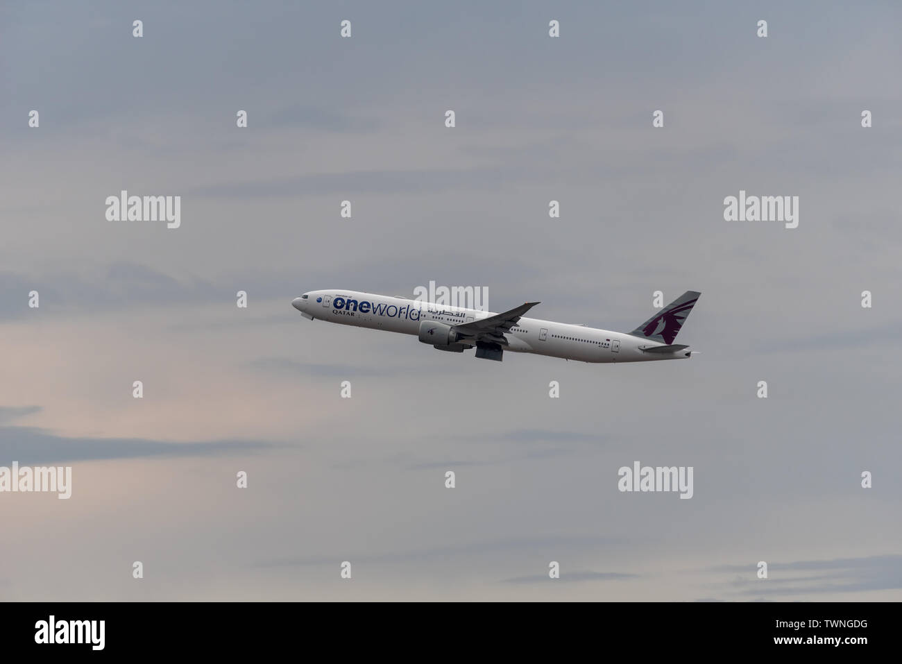 Qatar Airways (Oneworld Livery) Boeing 777-3DZ(ER) de vol de Sydney 06/02/2019 Banque D'Images