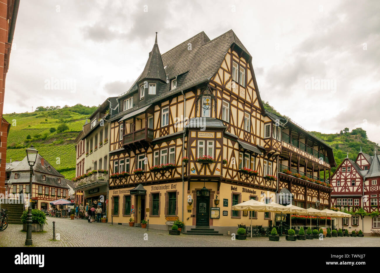 BACHARACH, ALLEMAGNE - 11 juin 2019 : Rues de Bacahrach, Allemagne. L'architecture de style traditionnel de l'Allemagne le long du Rhin. Banque D'Images