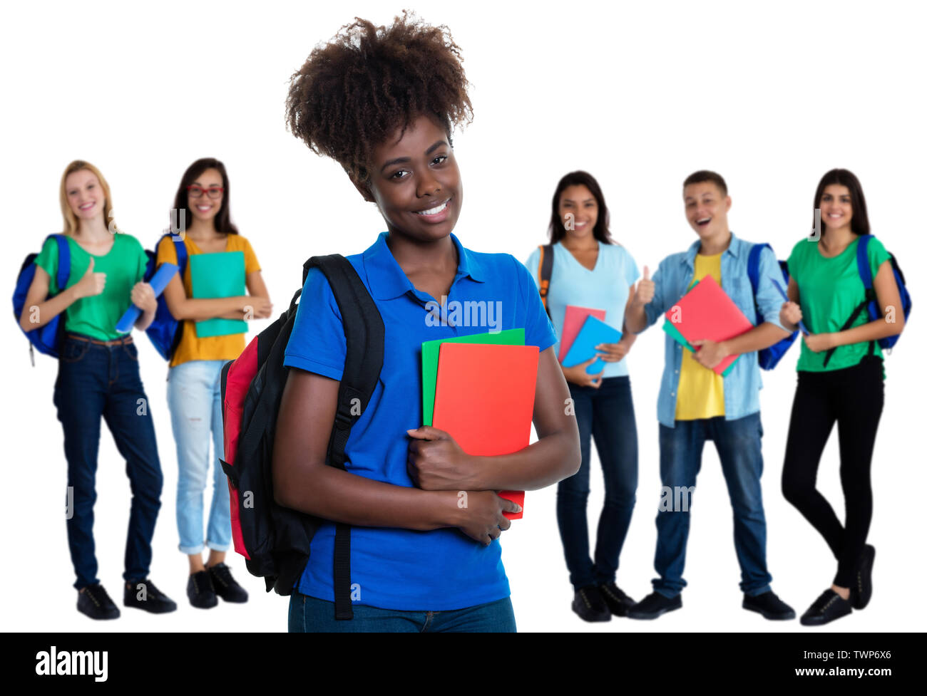 African American female student avec groupe d'étudiants sur un fond blanc pour découper Banque D'Images