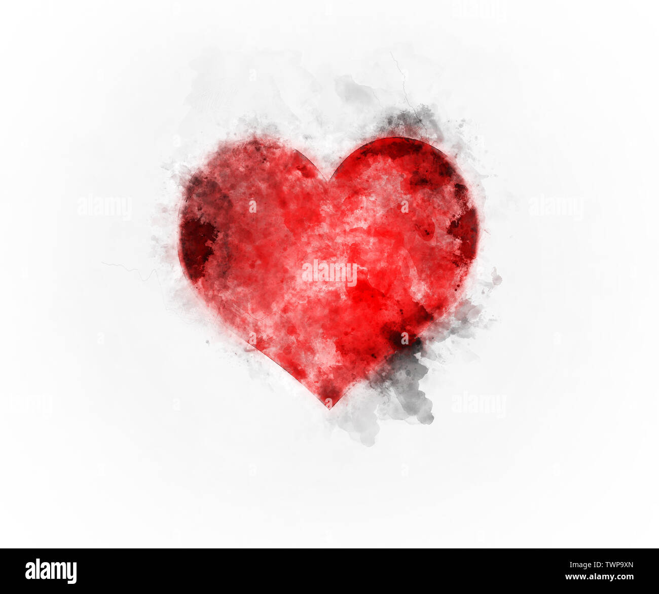 Coeur aquarelle sur fond blanc, avec des éclaboussures d'encre. représentant l'amour, la Saint-Valentin, ainsi que l'art. Banque D'Images