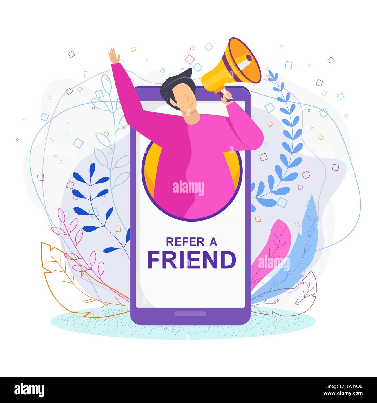 Inviter un ami concept. Stratégie de marketing pour attirer de nouveaux clients. Illustration de Vecteur