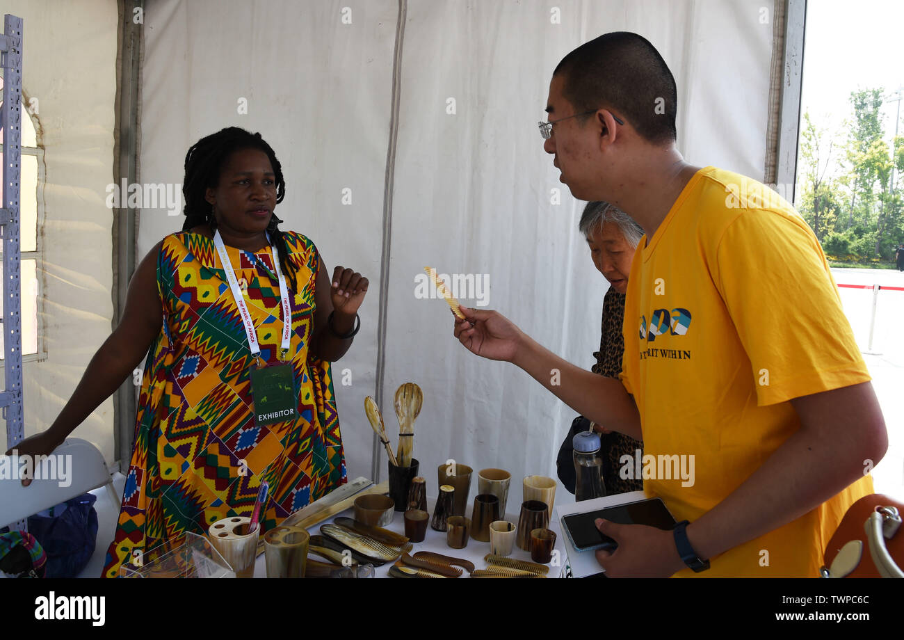 Beijing, Chine. 22 Juin, 2019. Visiteurs en savoir plus sur les produits à partir de l'Ouganda à l'Exposition Horticole Internationale de Beijing dans le district de Yanqing, Beijing, capitale de la Chine, le 22 juin 2019. L'expo a débuté sa "Journée nationale de l'Ouganda" aura lieu le samedi. Credit : Ren Chao/Xinhua/Alamy Live News Banque D'Images