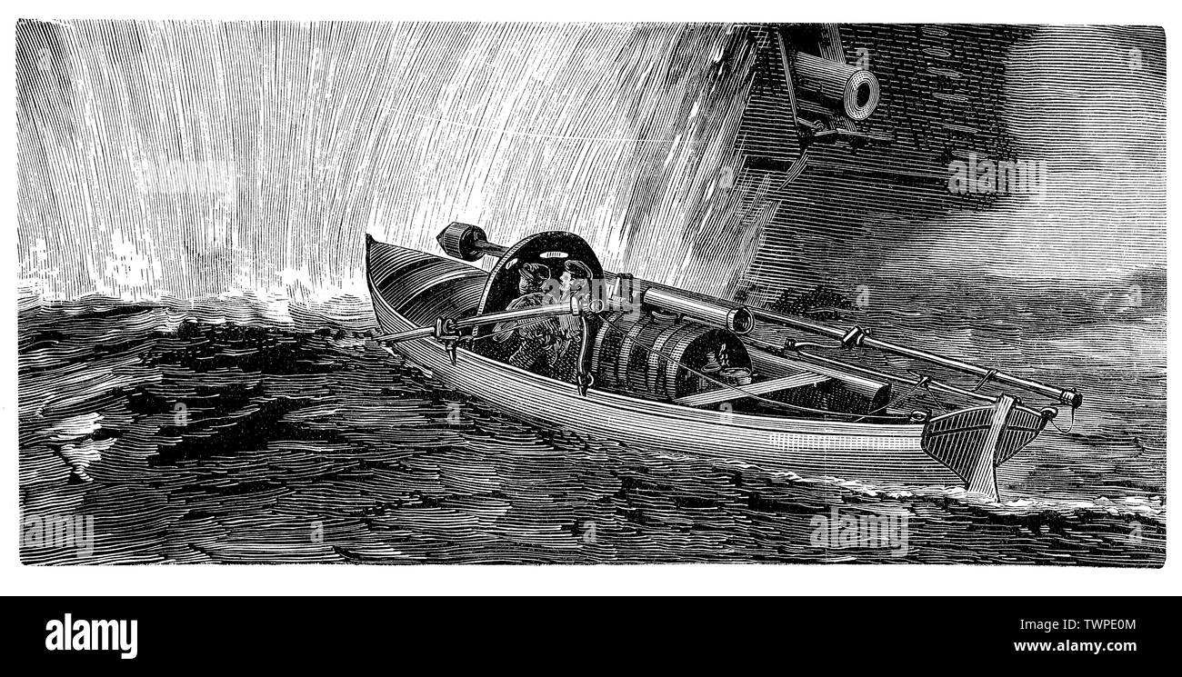 Attaque d'un bateau torpille américaine, 19e siècle. Un lance-torpilles est un relativement petit et rapide navire militaire conçu pour transporter des torpilles dans la bataille de faire adopter les navires ennemis avec des explosifs Banque D'Images