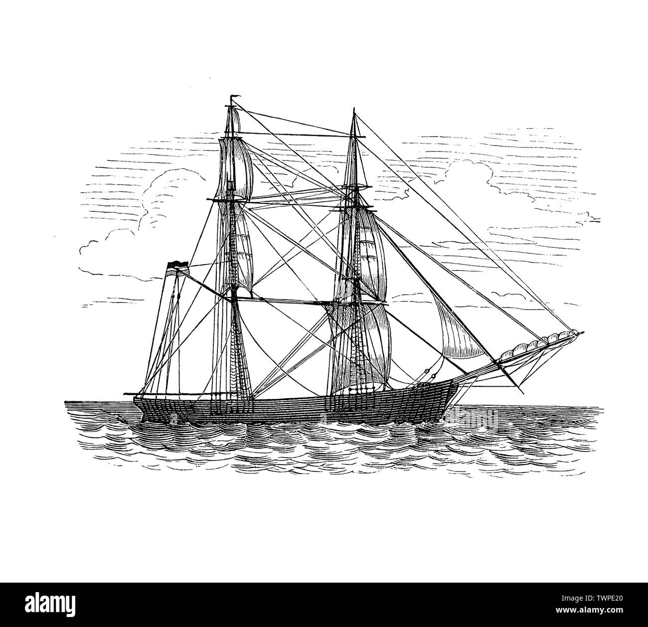 Au portant Brigantine loin de la direction du vent est à venir, dans le même sens avec le bon réglage des voiles, gréement et mât. Banque D'Images