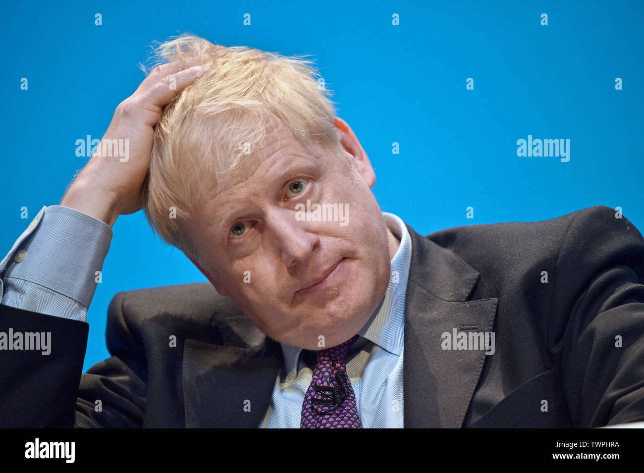 Candidat à la direction du parti conservateur Boris Johnson pendant la première partie de campagne électorale à la CPI à Birmingham. Banque D'Images