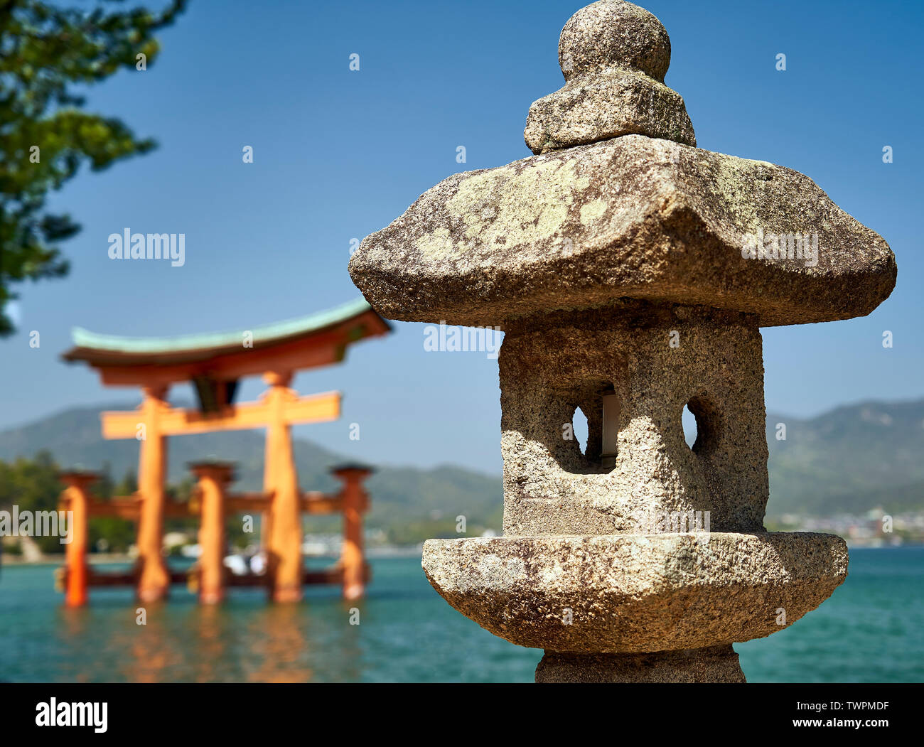 Une information à la lanterne de pierre en face d'un torii Itsukushima brouillée. Banque D'Images