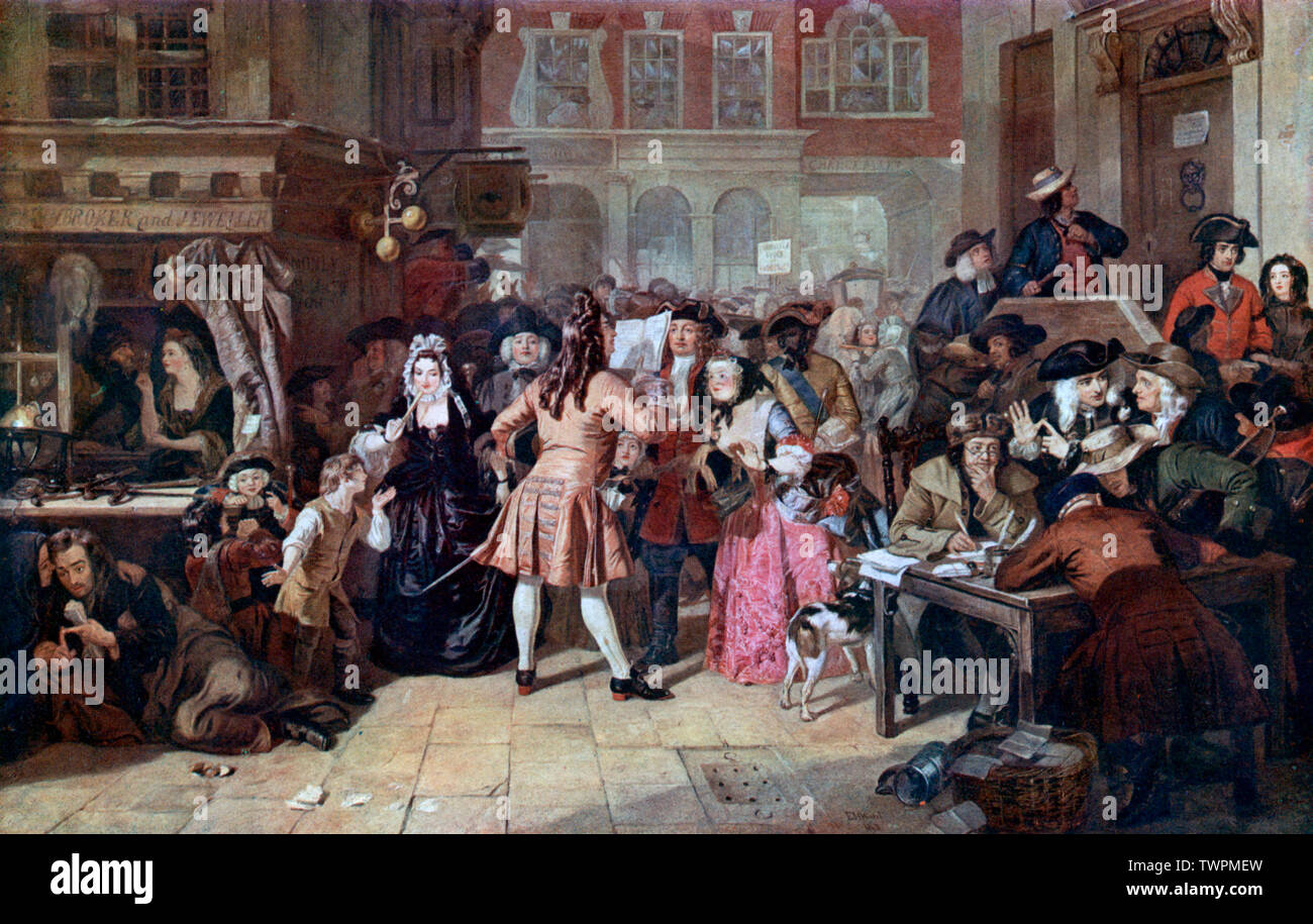 "La bulle des Mers du Sud, d'une scène de "Changement Alley en 1720", 1847. Par Edward Matthew Ward (1816-1879). Ward's célèbre peinture à l'huile de 1847 montre la spéculation mania au début du xviiie siècle en Angleterre qui s'est terminée à la ruine financière de bon nombre de ses investisseurs. La South Sea Company a été fondée en 1711 en vue de restructurer la dette publique et la restauration du crédit public. Banque D'Images