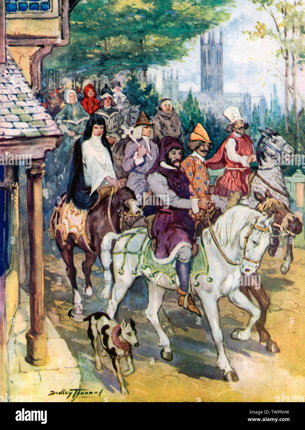 'Chaucer à Canterbury avec les pèlerins. Par Charles Dudley Tennant (1867-1952). Geoffrey Chaucer (c1343-1400) est largement considéré comme le plus grand poète anglais du Moyen-âge. Ses nombreuses œuvres incluent le Livre de la Duchesse, la Maison de la renommée, la Légende des bonnes femmes et de Troilus et Criseyde, il est probablement mieux connu pour son travail les contes de Canterbury. Banque D'Images