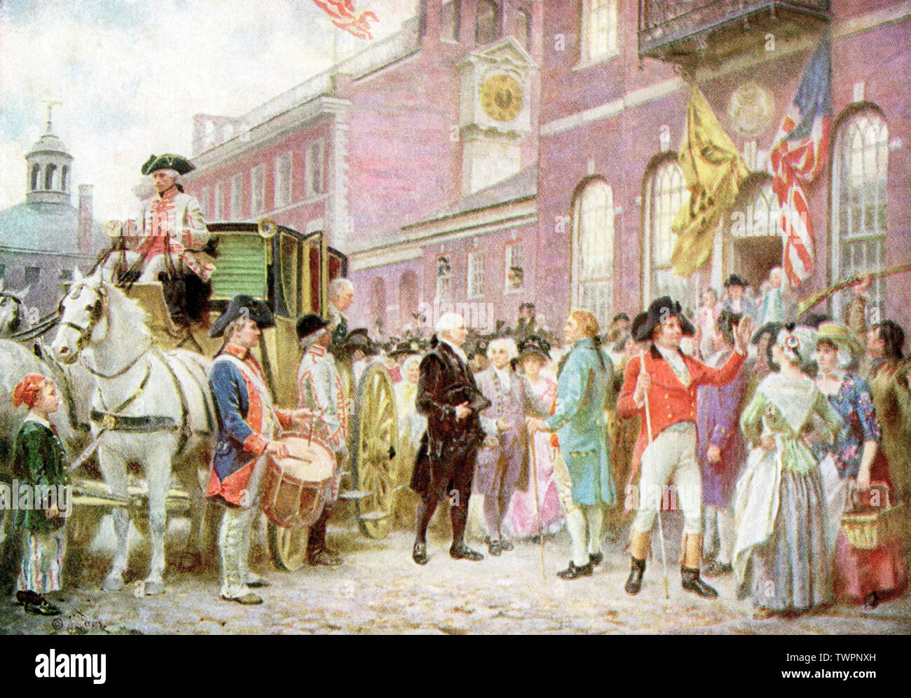 Cette peinture de George Washington's Deuxième inauguration (4 mars 1793) est par J.G. Ferris, un artiste américain décédé en 1930. Il a fallu pl;ace à Salle des Congrès de Philadelphie. Washington a été le premier président des États-Unis et a été élu pour un second mandat de quatre ans. Banque D'Images