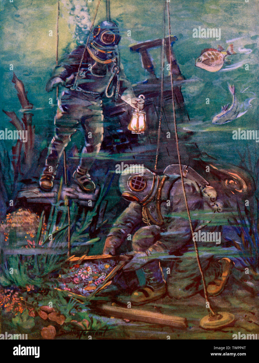 Dans le monde merveilleux de la sous-mer, c1930. Par Charles Dudley Tennant (1867-1952). Plongeurs en robe de plongée standard. Banque D'Images