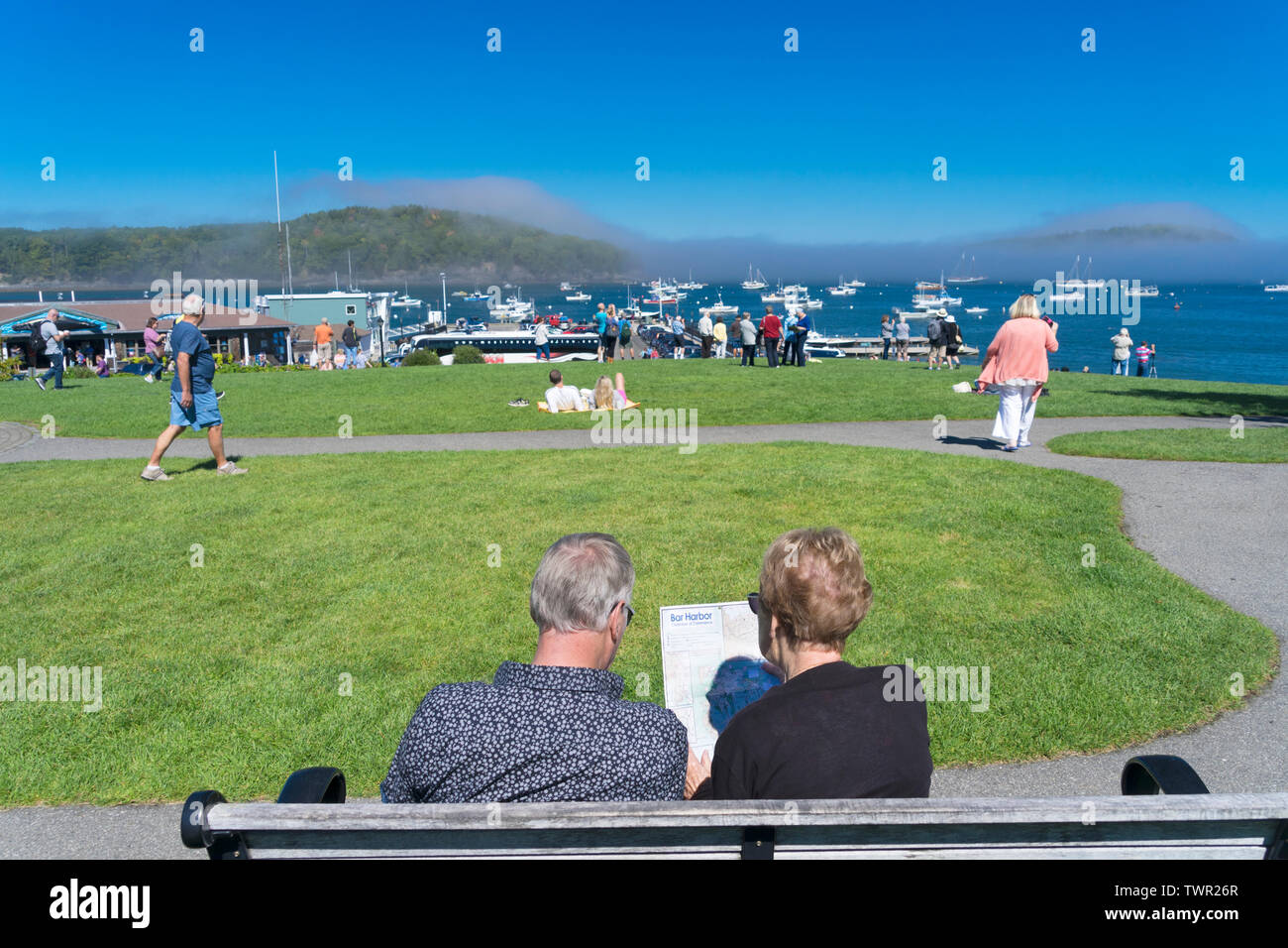 Couple consultant une carte de Bar Harbor, Maine, assis sur un banc au parc Agamont . Banque D'Images