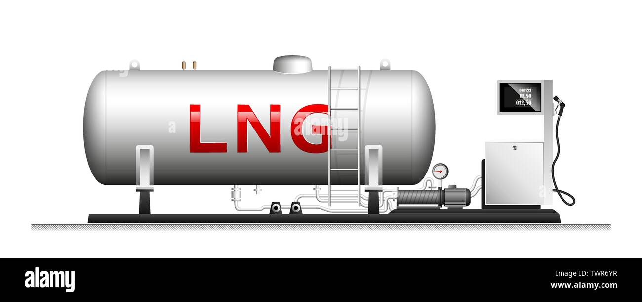 Remplissage avec modulaire automobile gaz liquéfié. Vérin cylindrique de grande taille avec le gaz naturel. Colonne avec un flexible pour le ravitaillement en carburant des voitures. Illustration de Vecteur