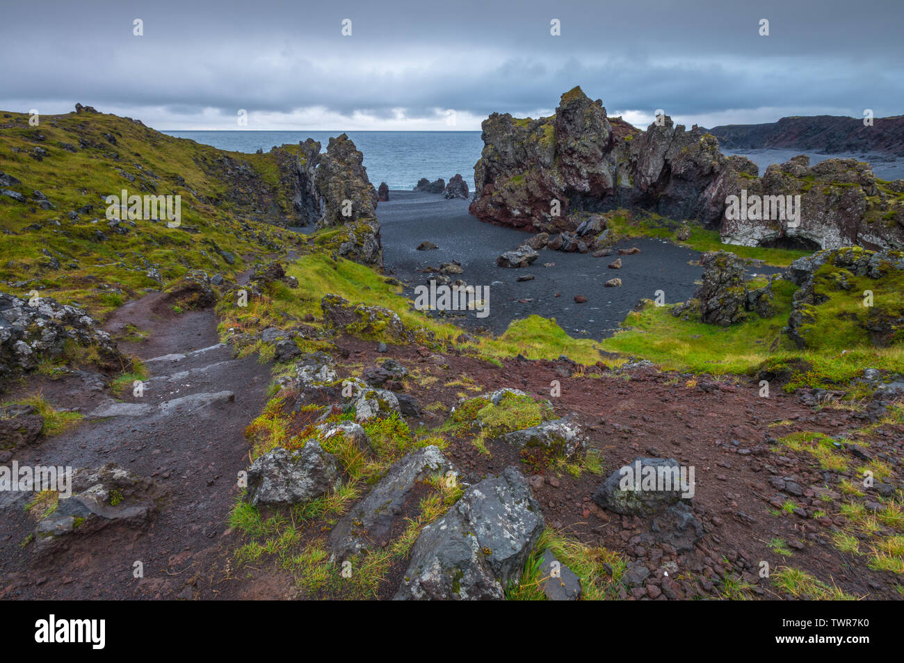 Belle Djupalonssandur Beach Cove, avec des falaises de roche volcanique et l'herbe verte. Jour de pluie le long de la côte volcanique de l'Islande est le Sneffels. Banque D'Images