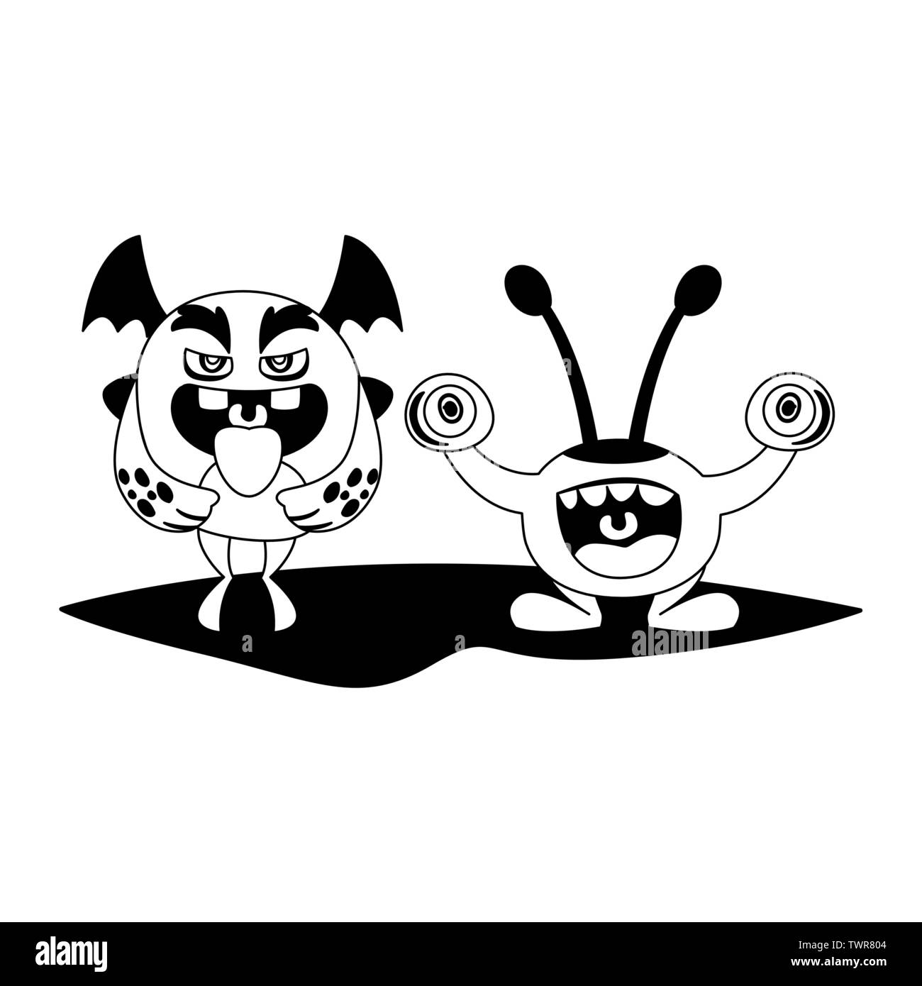 Monstres drôles personnages de bande dessinée couple vecteur illustration design monochrome Illustration de Vecteur