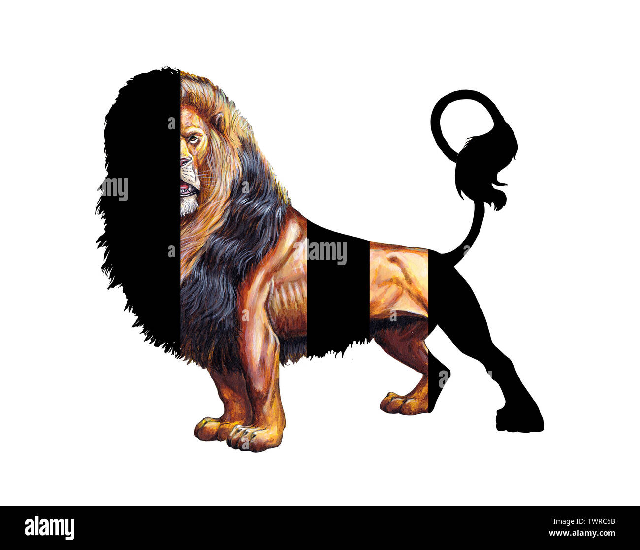Lion peint à la main. Statue de lion inhabituelle. Big cat illustration acrylique. Banque D'Images