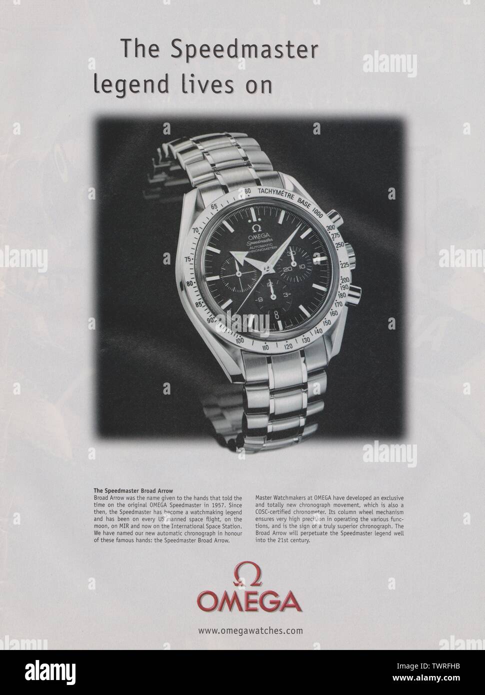 Affiche publicitaire de OMEGA watch Magazine, 2001, la Speedmaster légende vit au slogan, publicité, Creative annonce OMEGA Banque D'Images