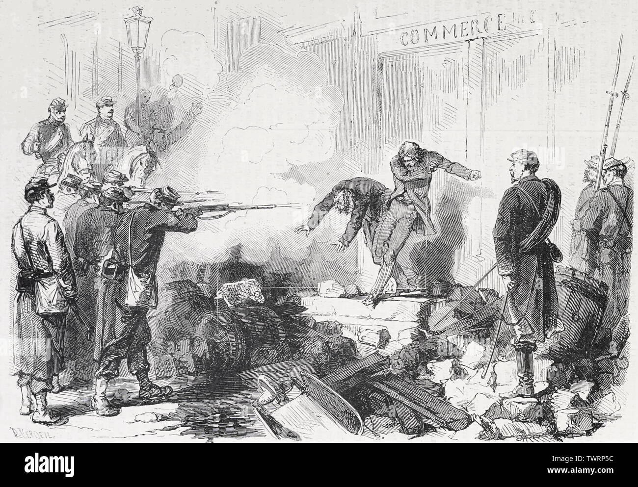 L'exécution sommaire d'agents de la municipalité pris les armes à la main, rue Saint-Germain lors de l'attaque sur la Commune de Paris, 1871 Banque D'Images