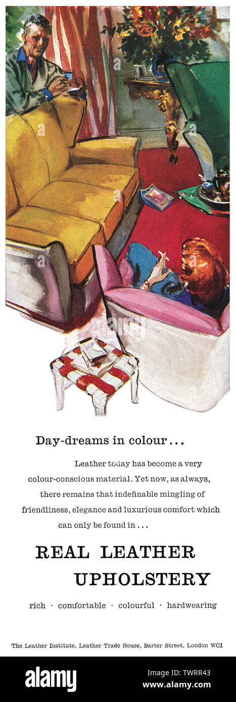 1958 La publicité pour l'institut du cuir, la promotion de meubles en cuir. Banque D'Images