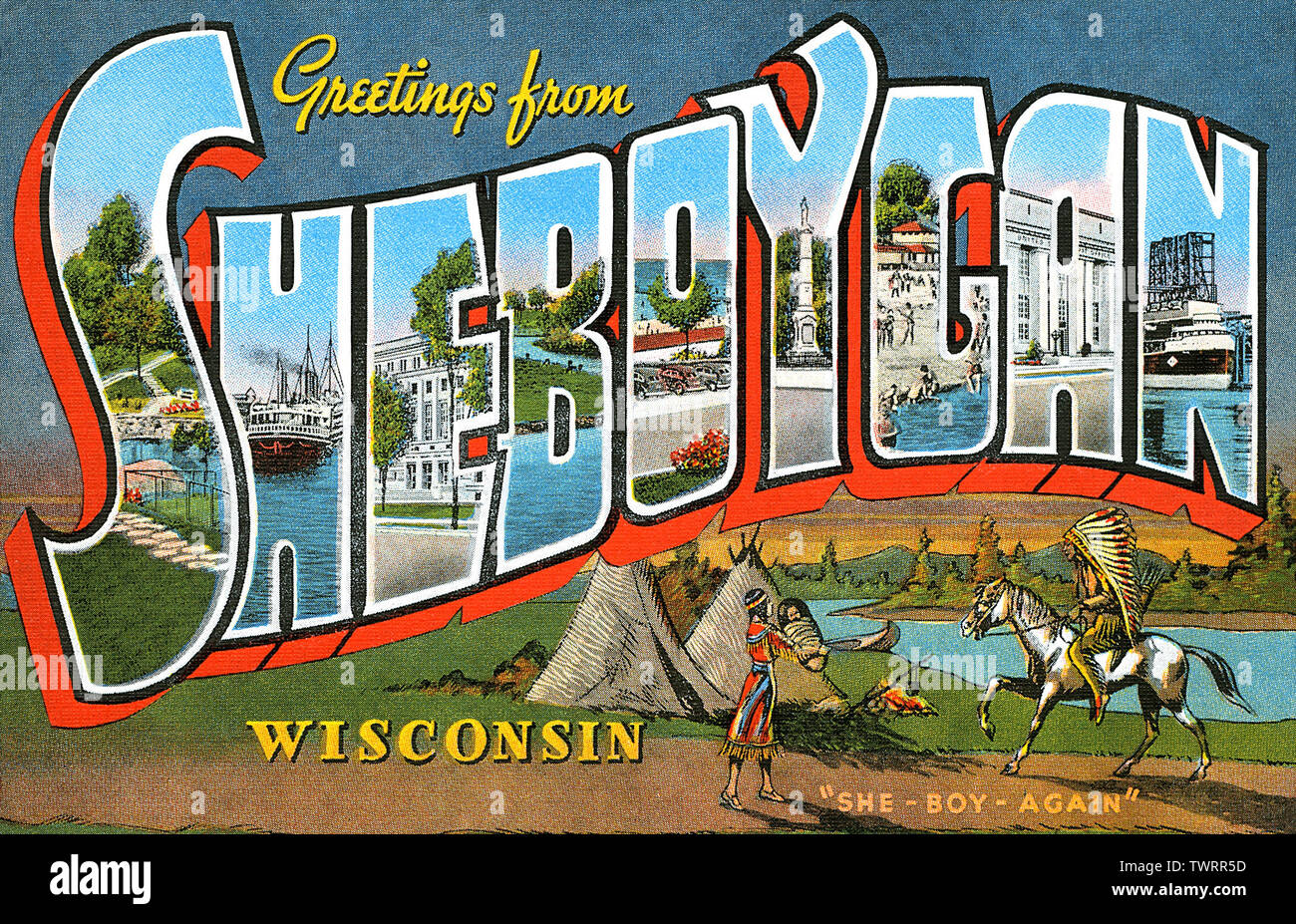 Salutations de Sheboygan, Wisconsin États-Unis vintage carte postale. Banque D'Images