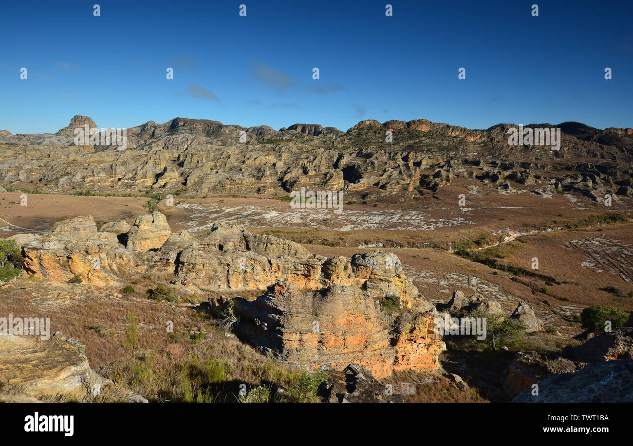 Vue panoramique sur le paysage rocheux du parc national d'Isalo. Madagascar. Banque D'Images