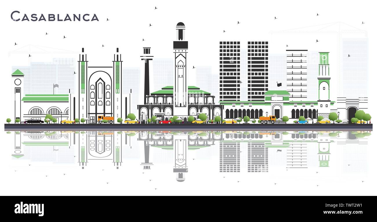 Casablanca Maroc sur les toits de la ville avec des immeubles gris et réflexions isolé sur blanc. Vector Illustration. Les voyages d'affaires et tourisme Concept. Illustration de Vecteur