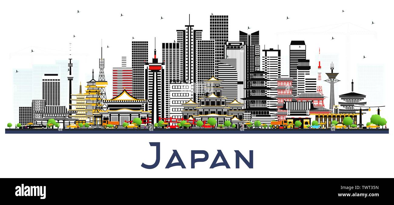 Le Japon sur les toits de la ville avec des bâtiments gris isolé sur blanc. Vector Illustration. Concept du tourisme avec l'architecture historique. Vue urbaine avec des points de repère. Illustration de Vecteur