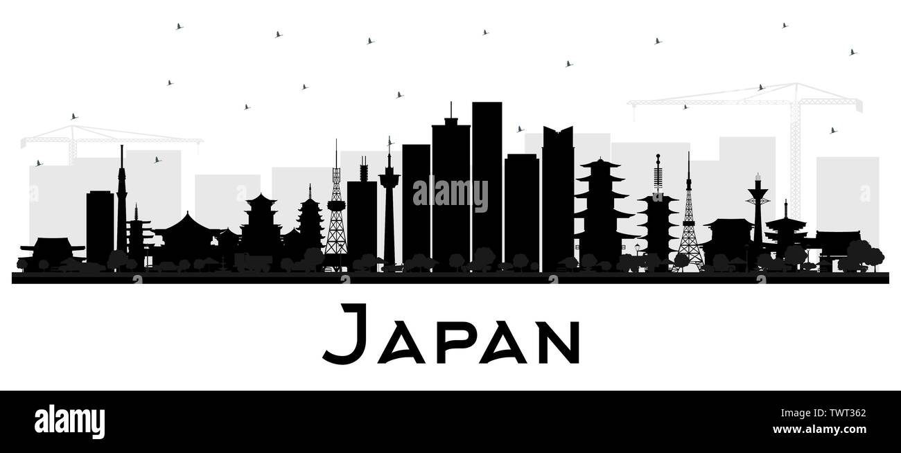 Le Japon City Skyline Silhouette aux bâtiments noir isolé sur blanc. Vector Illustration. Concept du tourisme avec l'architecture historique. Paysage urbain. Illustration de Vecteur